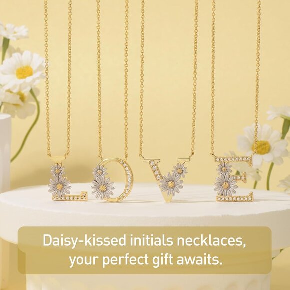Gold Sterling Silver Initial Necklace for Women with Daisies & Zirconia, Adjusta - Picture 5 of 6